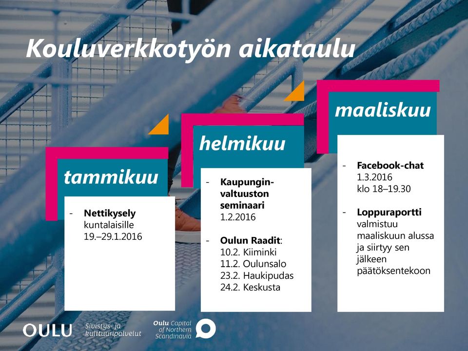 2. Oulunsalo 23.2. Haukipudas 24.2. Keskusta maaliskuu - Facebook-chat 1.3.2016 klo 18 19.