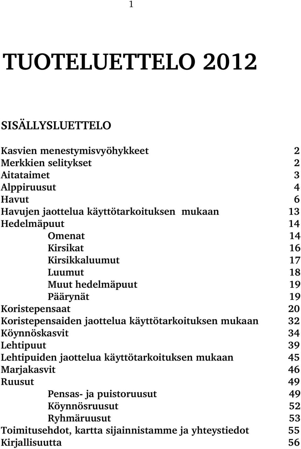 Koristepensaiden jaottelua käyttötarkoituksen mukaan 32 Köynnöskasvit 34 Lehtipuut 39 Lehtipuiden jaottelua käyttötarkoituksen mukaan 45