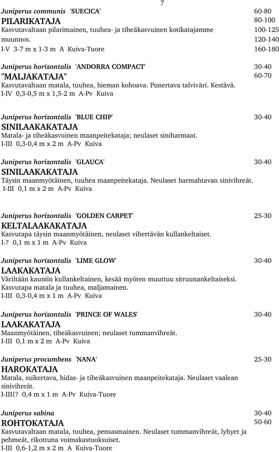 I IV 0,3 0,5 m x 1,5 2 m A Pv Kuiva Juniperus horizontalis 'BLUE CHIP' 30 40 SINILAAKAKATAJA Matala ja tiheäkasvuinen maanpeitekataja; neulaset siniharmaat.