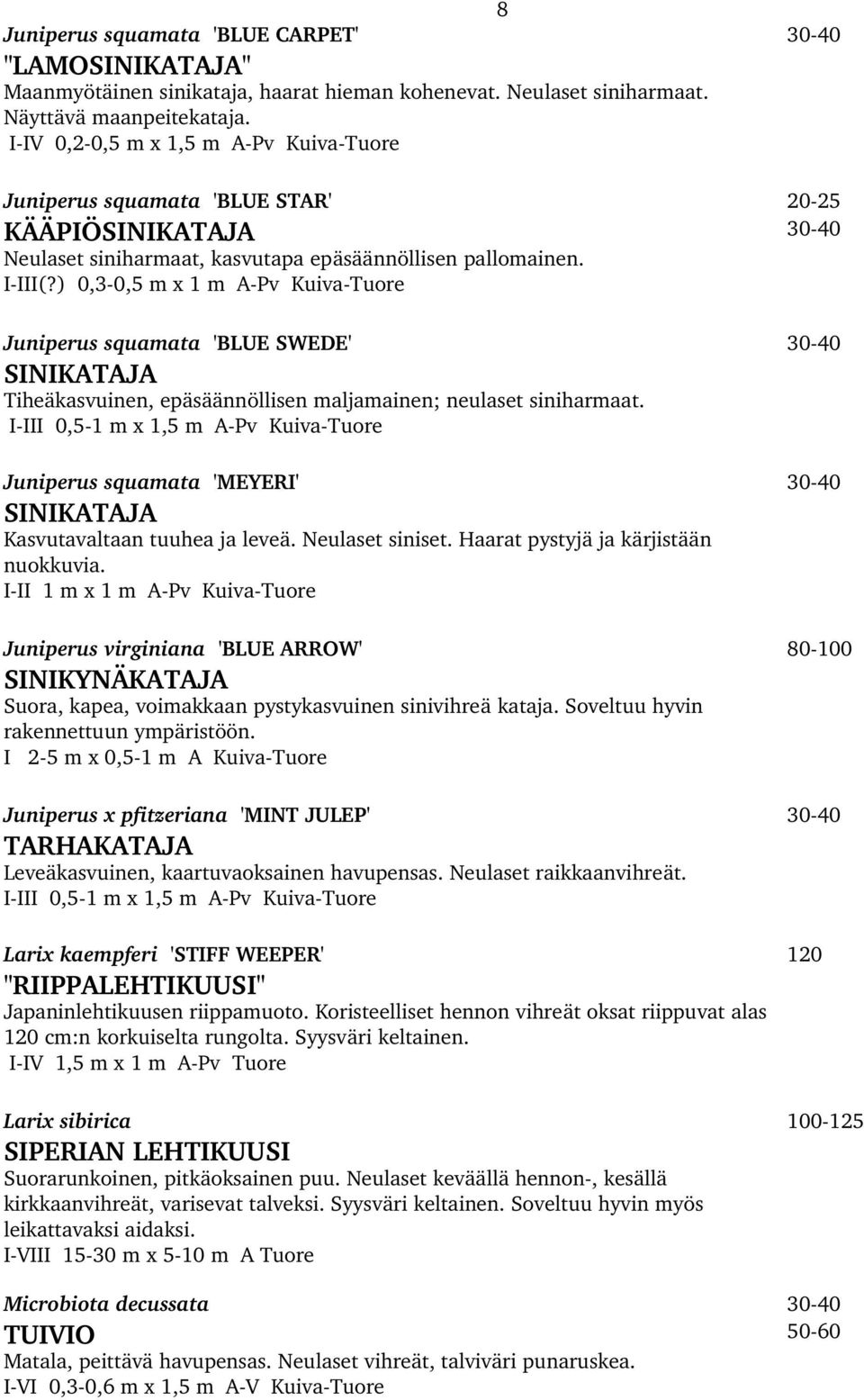 ) 0,3 0,5 m x 1 m A Pv Kuiva Tuore Juniperus squamata 'BLUE SWEDE' 30 40 SINIKATAJA Tiheäkasvuinen, epäsäännöllisen maljamainen; neulaset siniharmaat.