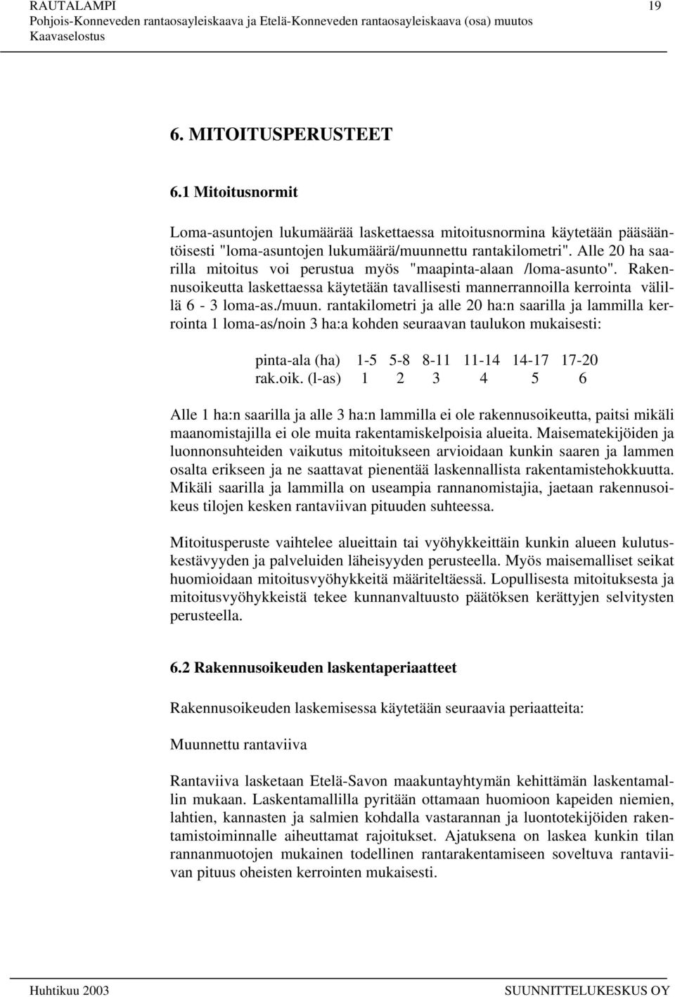 rantakilometri ja alle 20 ha:n saarilla ja lammilla kerrointa 1 loma-as/noin 3 ha:a kohden seuraavan taulukon mukaisesti: pinta-ala (ha) 1-5 5-8 8-11 11-14 14-17 17-20 rak.oik.