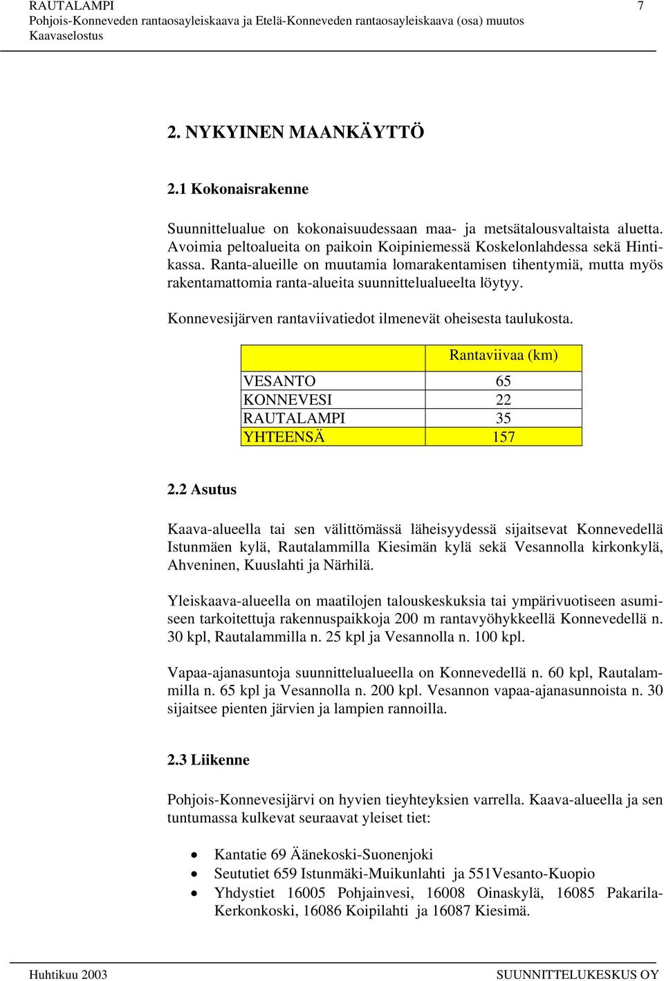 Ranta-alueille on muutamia lomarakentamisen tihentymiä, mutta myös rakentamattomia ranta-alueita suunnittelualueelta löytyy. Konnevesijärven rantaviivatiedot ilmenevät oheisesta taulukosta.