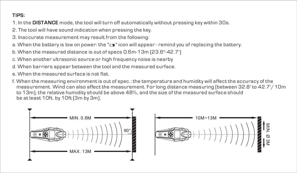 When another ultrasonic source or high frequency noise is nearby d. When barriers appear between the tool and the measured surface. e. When the measured surface is not flat. f. When the measuring environment is out of spec.