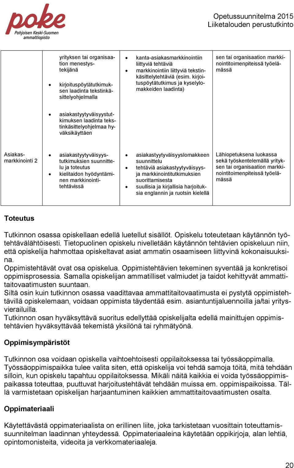 kirjoituspöytätutkimus ja kyselylomakkeiden laadinta) sen tai organisaation markkinointitoimenpiteissä työelämässä asiakastyytyväisyystutkimuksen laadinta tekstinkäsittelyohjelmaa hyväksikäyttäen