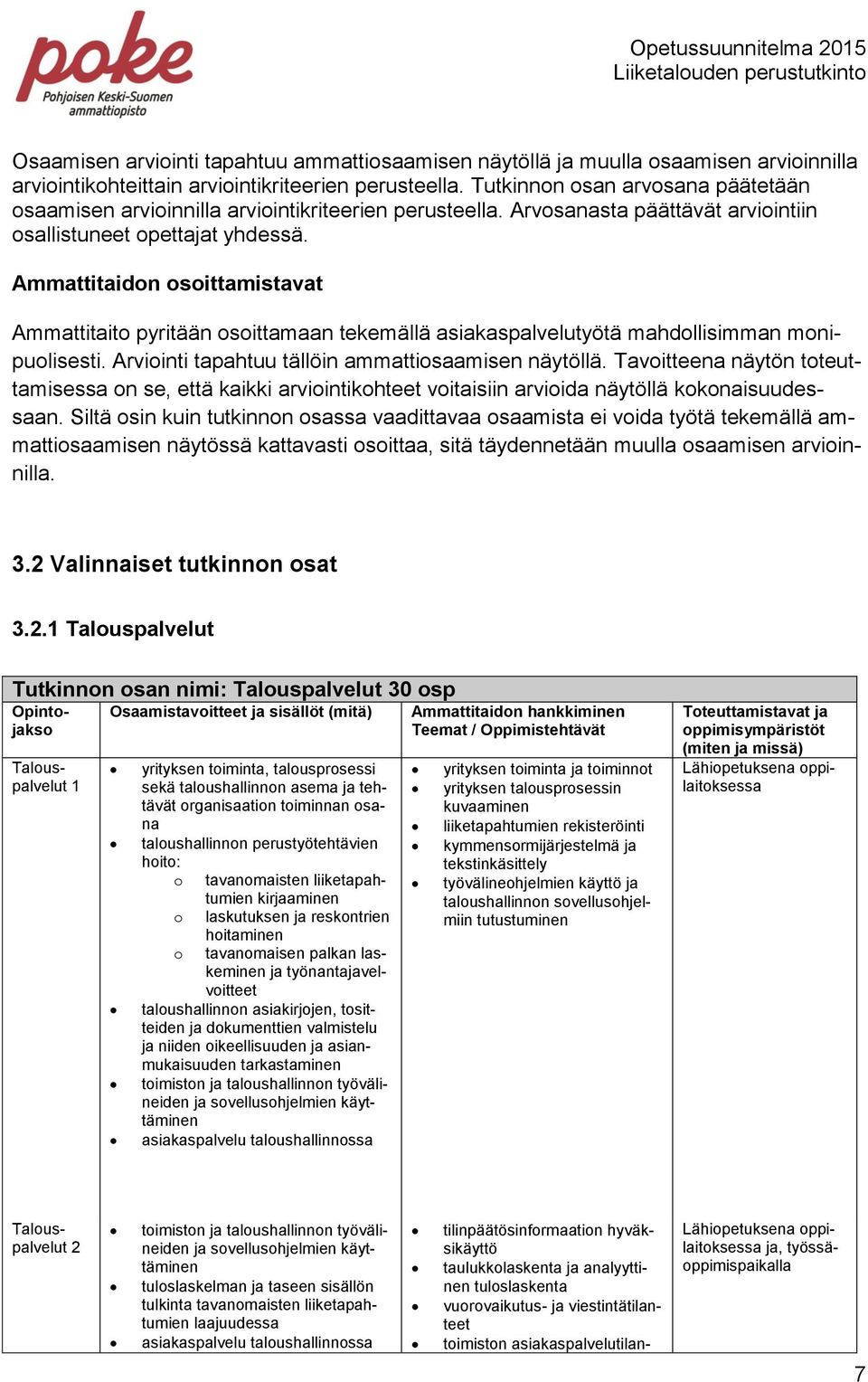 2 Valinnaiset tutkinnon osat 3.2.1 Talouspalvelut Tutkinnon osan nimi: Talouspalvelut 30 osp Ammattitaito pyritään osoittamaan tekemällä asiakaspalvelutyötä mahdollisimman monipuolisesti.