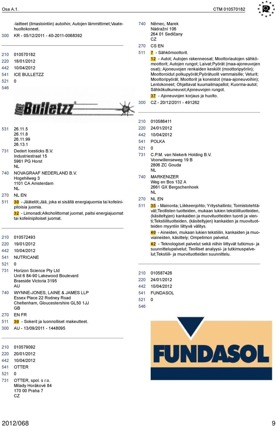 12 - Autot; Autojen rakenneosat; Moottoriautojen sähkömoottorit; Autojen rungot; Laivat;Pyörät (maa-ajoneuvojen osat); Ajoneuvojen renkaiden keskiöt (moottoripyöriin); Moottoroidut