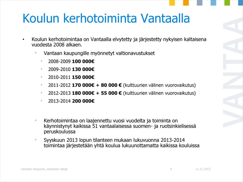 2012-2013 180 000 + 55 000 (kulttuurien välinen vuorovaikutus) 2013-2014 200 000 Kerhotoimintaa on laajennettu vuosi vuodelta ja toiminta on käynnistynyt kaikissa 51