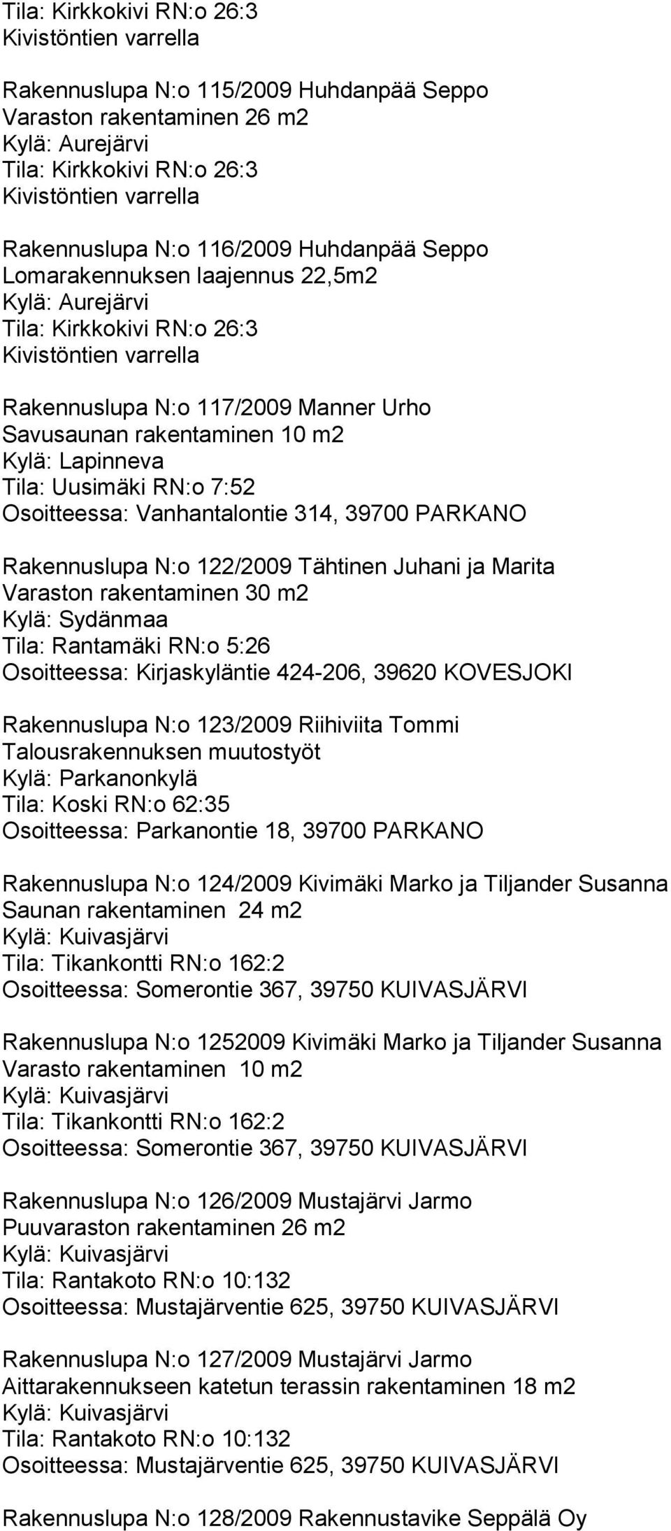 RN:o 7:52 Osoitteessa: Vanhantalontie 314, 39700 PARKANO Rakennuslupa N:o 122/2009 Tähtinen Juhani ja Marita Varaston rakentaminen 30 m2 Tila: Rantamäki RN:o 5:26 Osoitteessa: Kirjaskyläntie 424-206,