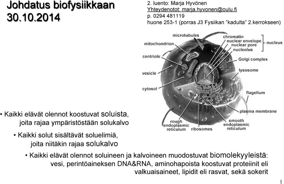 kerrokseen) Kaikki elävät olennot koostuvat soluista, joita rajaa ympäristöstään solukalvo Kaikki solut sisältävät soluelimiä,