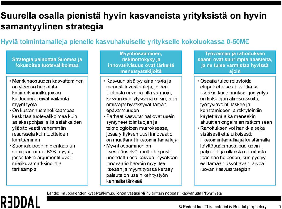 asiakaspohjaa, sillä asiakkaiden ylläpito vaatii vähemmän resursseja kuin tuotteiden kehittäminen Suomalaiseen mielenlaatuun sopii paremmin B2B-myynti, jossa fakta-argumentit ovat