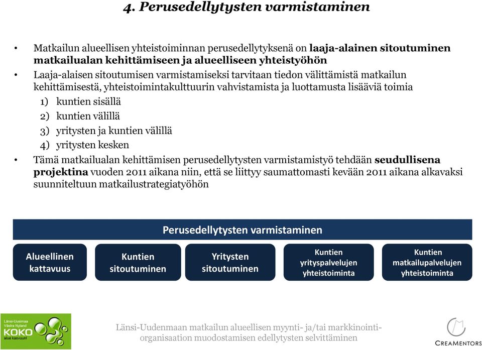 yritysten ja kuntien välillä 4) yritysten kesken Tämä matkailualan kehittämisen perusedellytysten varmistamistyö tehdään seudullisena projektina vuoden 2011 aikana niin, että se