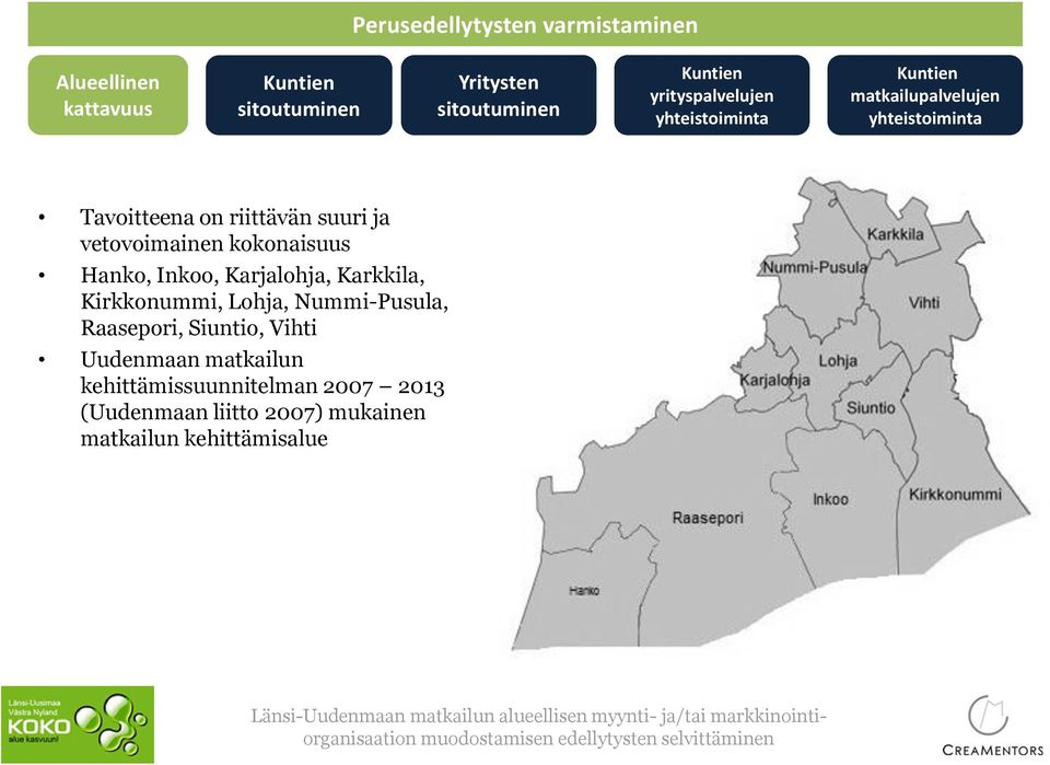 Inkoo, Karjalohja, Karkkila, Kirkkonummi, Lohja, Nummi-Pusula, Raasepori, Siuntio, Vihti