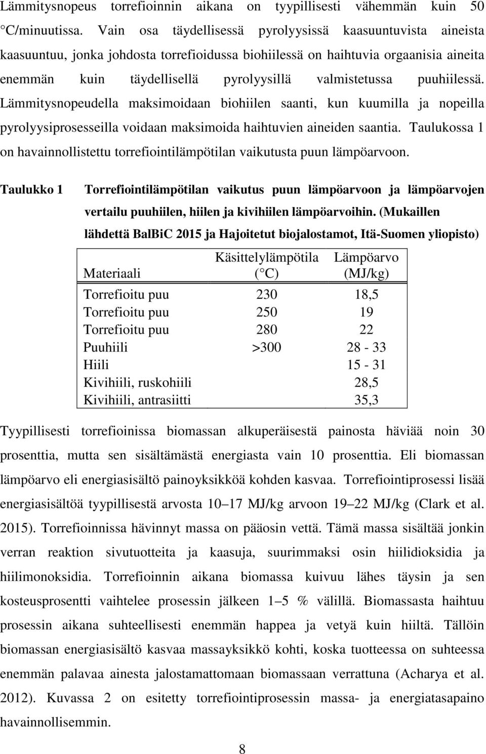 puuhiilessä. Lämmitysnopeudella maksimoidaan biohiilen saanti, kun kuumilla ja nopeilla pyrolyysiprosesseilla voidaan maksimoida haihtuvien aineiden saantia.