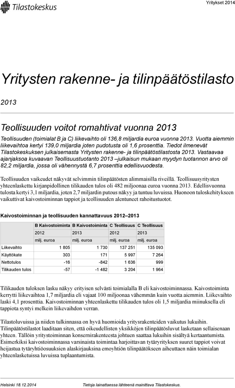 Vastaavaa ajanjaksoa kuvaavan Teollisuustuotanto julkaisun mukaan myydyn tuotannon arvo oli 82,2 miljardia, jossa oli vähennystä 6,7 prosenttia edellisvuodesta.