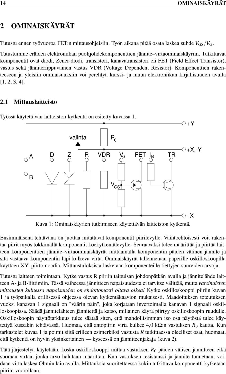 Tutkittavat komponentit ovat diodi, Zener-diodi, transistori, kanavatransistori eli FET (Field Effect Transistor), vastus sekä jänniteriippuvainen vastus VDR (Voltage Dependent Resistor).