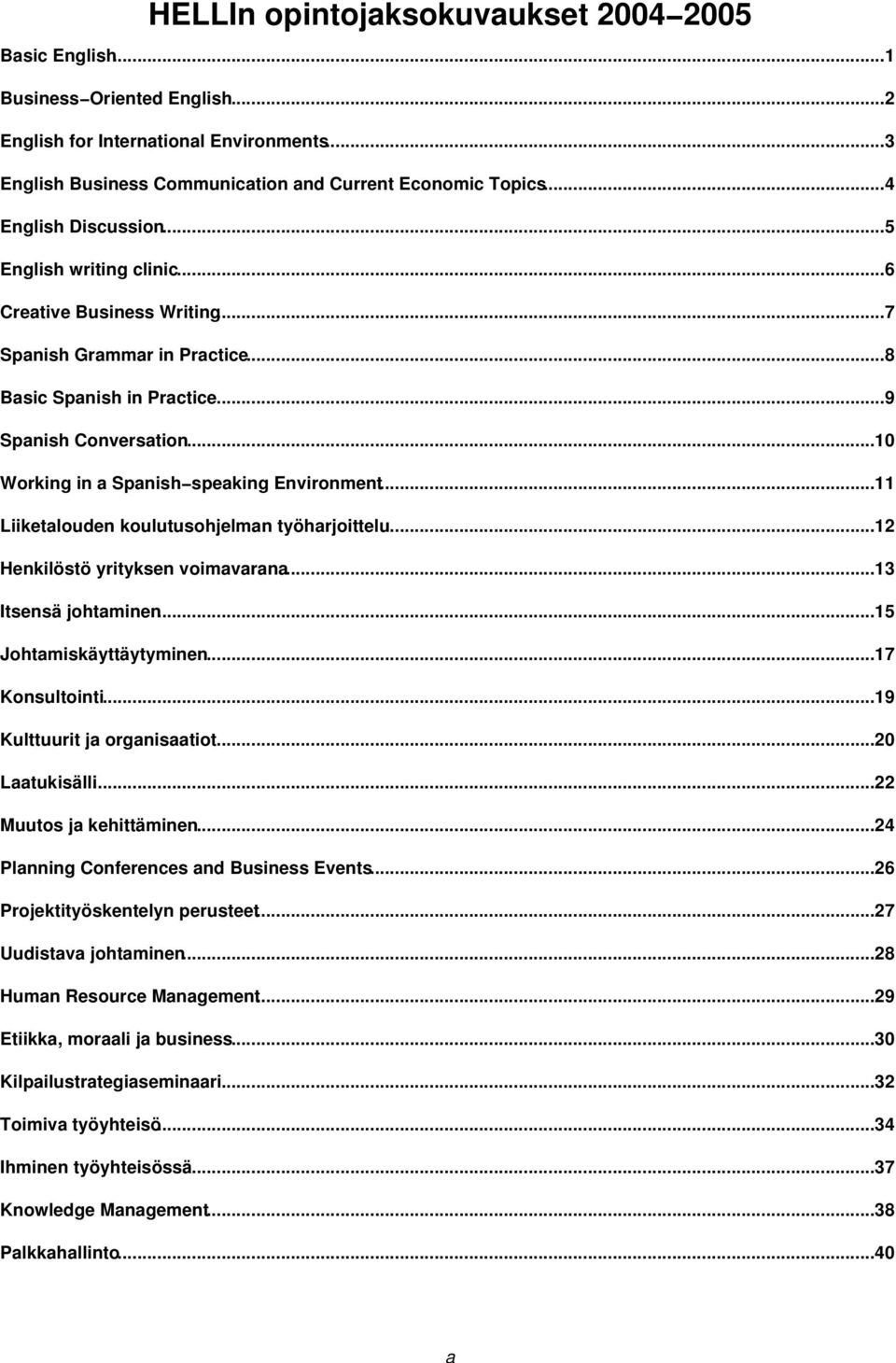 ..10 Working in a Spanish speaking Environment...11 Liiketalouden koulutusohjelman työharjoittelu...12 Henkilöstö yrityksen voimavarana...13 Itsensä johtaminen...15 Johtamiskäyttäytyminen.