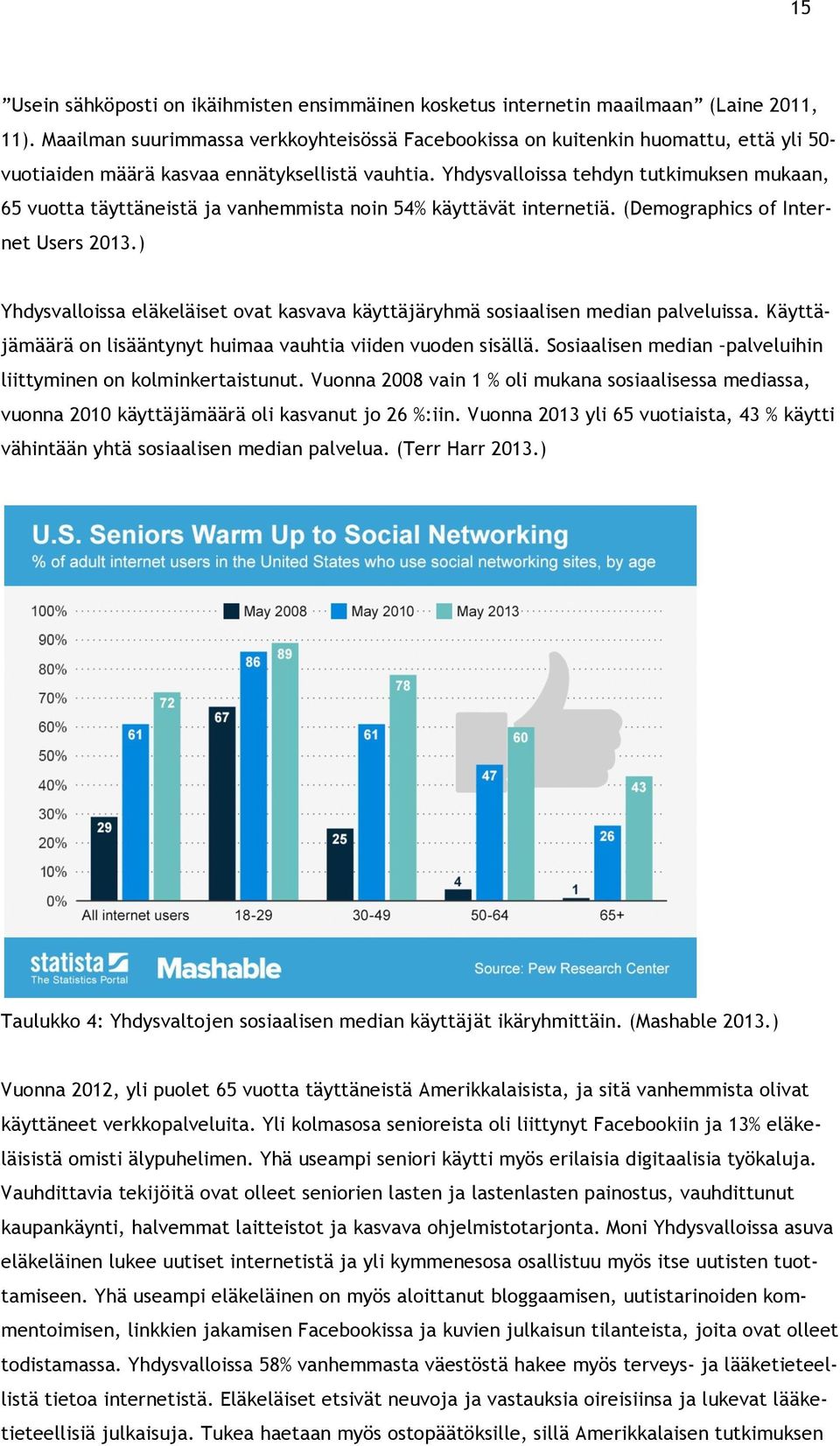 Yhdysvalloissa tehdyn tutkimuksen mukaan, 65 vuotta täyttäneistä ja vanhemmista noin 54% käyttävät internetiä. (Demographics of Internet Users 2013.