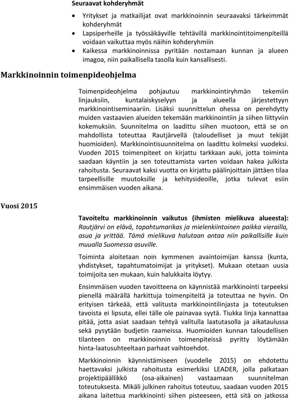 Toimenpideohjelma pohjautuu markkinointiryhmän tekemiin linjauksiin, kuntalaiskyselyyn ja alueella järjestettyyn markkinointiseminaariin.