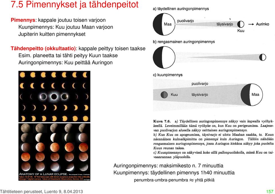 planeetta tai tähti peityy Kuun taakse Auringonpimennys: Kuu peittää Auringon Auringonpimennys: maksimikesto n.