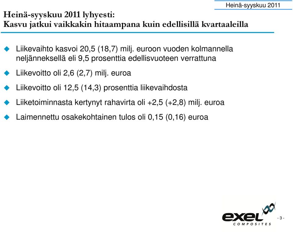 euroon vuoden kolmannella neljänneksellä eli 9,5 prosenttia edellisvuoteen verrattuna Liikevoitto oli 2,6 (2,7)