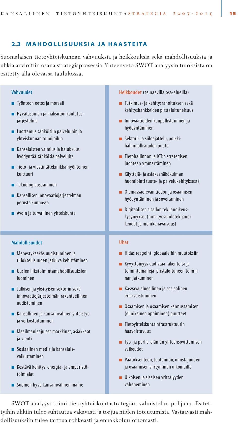 Yhteenveto SWOT-analyysin tuloksista on esitetty alla olevassa taulukossa.