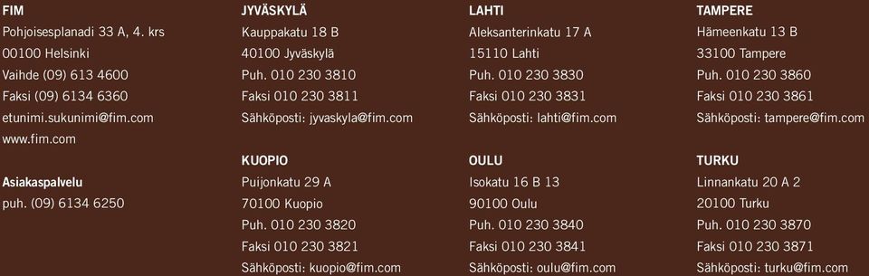 010 230 3820 Faksi 010 230 3821 Sähköposti: kuopio@fim.com LAHTI Aleksanterinkatu 17 A 15110 Lahti Puh. 010 230 3830 Faksi 010 230 3831 Sähköposti: lahti@fim.