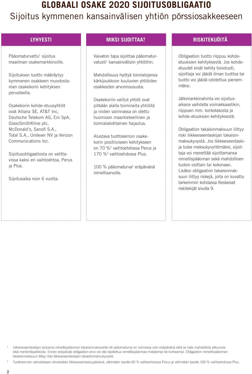 Osakekorin kohde-etuusyhtiöt ovat Allianz SE, AT&T Inc, Deutsche Telekom AG, Eni SpA, GlaxoSmithKline plc, McDonald s, Sanofi S.A., Total S.A., Unilever NV ja Verizon Communications Inc.