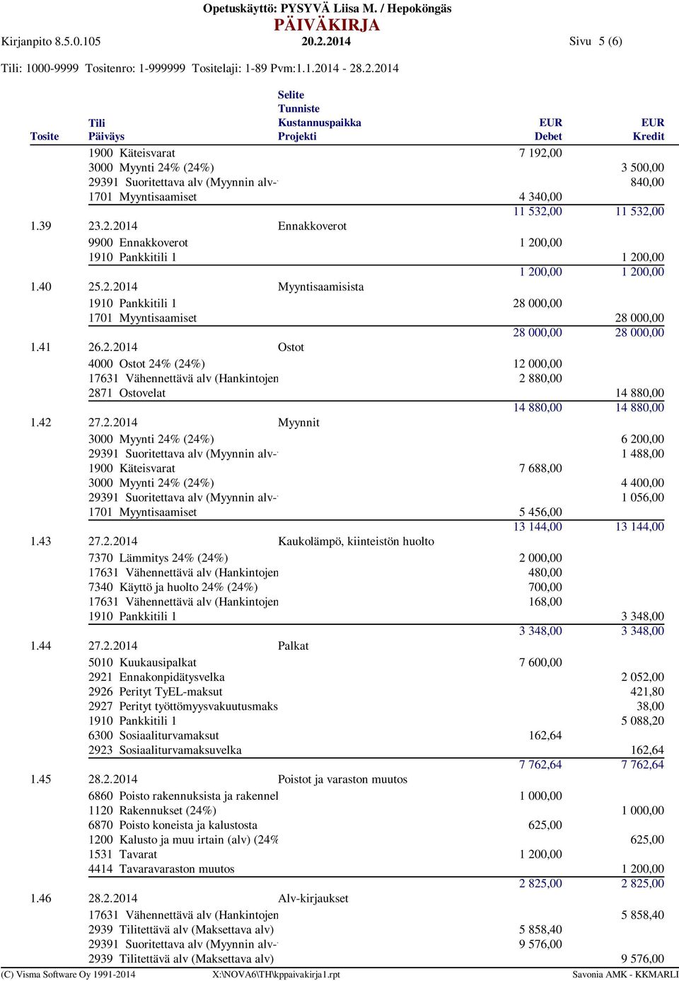 2.2014 Myyntisaamisista 1910 Pankkitili 1 28 000,00 1701 Myyntisaamiset 28 000,00 28 000,00 28 000,00 26.2.2014 Ostot 4000 Ostot 24% (24%) 12 000,00 17631 Vähennettävä alv (Hankintojen 2 880,00 2871 Ostovelat 14 880,00 14 880,00 14 880,00 27.