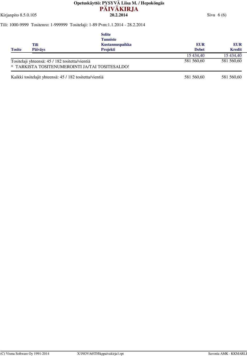 tositetta/vientiä 581 560,60 581 560,60 * TARKISTA TOSITENUMEROINTI