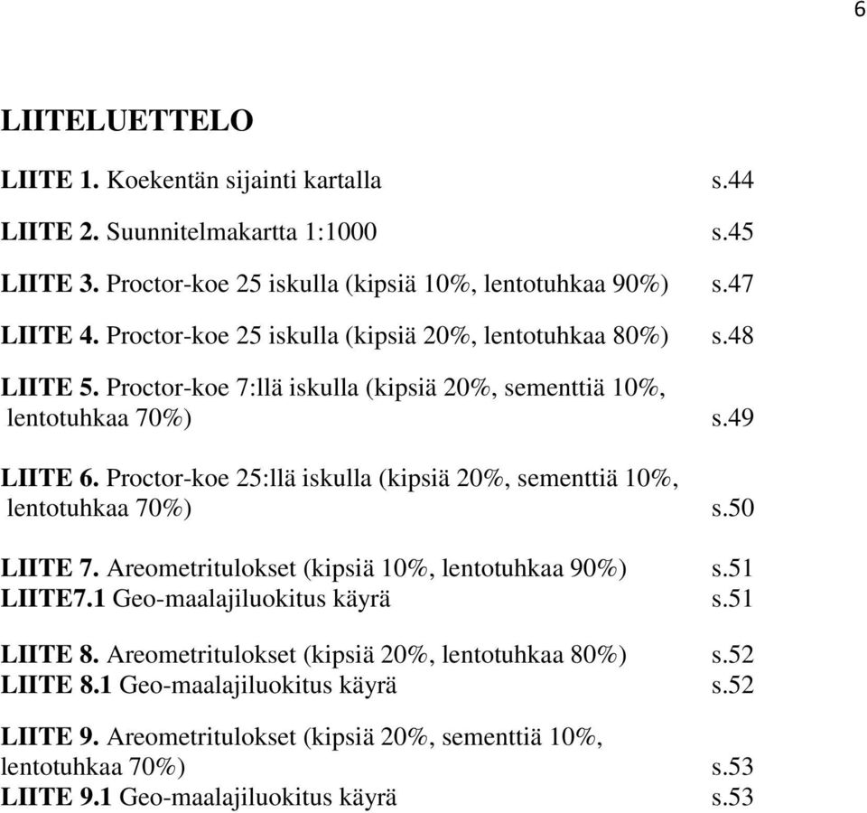 Proctor-koe 25:llä iskulla (kipsiä 20%, sementtiä 10%, lentotuhkaa 70%) s.50 LIITE 7. Areometritulokset (kipsiä 10%, lentotuhkaa 90%) s.51 LIITE7.1 Geo-maalajiluokitus käyrä s.