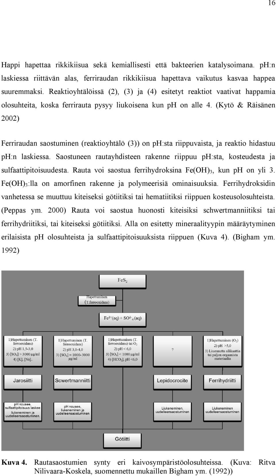 (Kytö & Räisänen 2002) Ferriraudan saostuminen (reaktioyhtälö (3)) on ph:sta riippuvaista, ja reaktio hidastuu ph:n laskiessa.