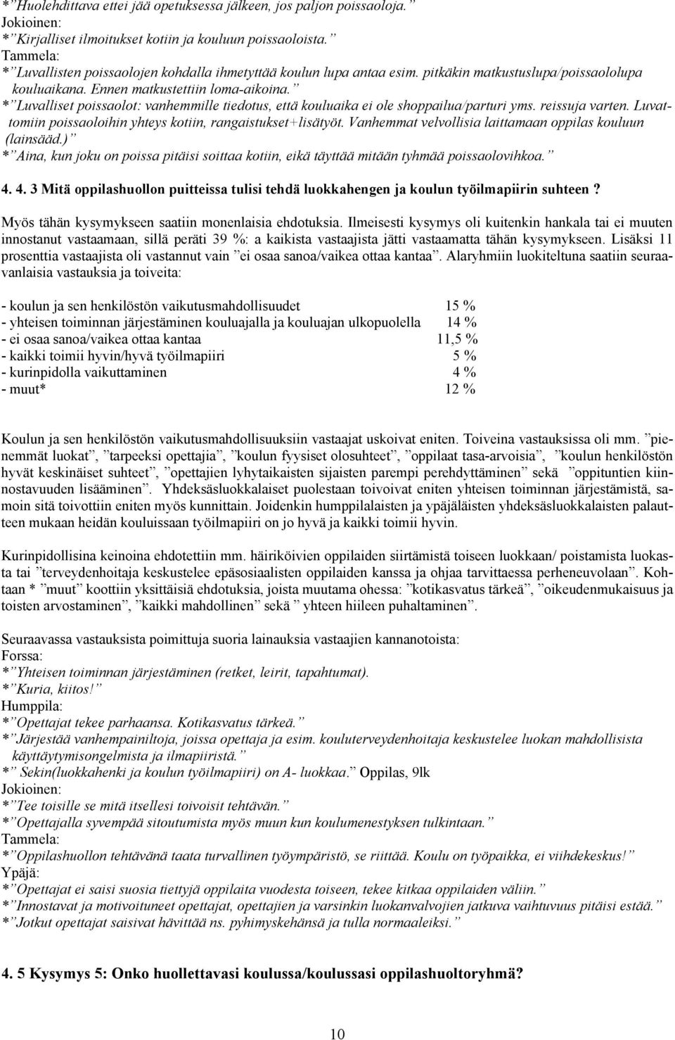 * Luvalliset poissaolot: vanhemmille tiedotus, että kouluaika ei ole shoppailua/parturi yms. reissuja varten. Luvattomiin poissaoloihin yhteys kotiin, rangaistukset+lisätyöt.