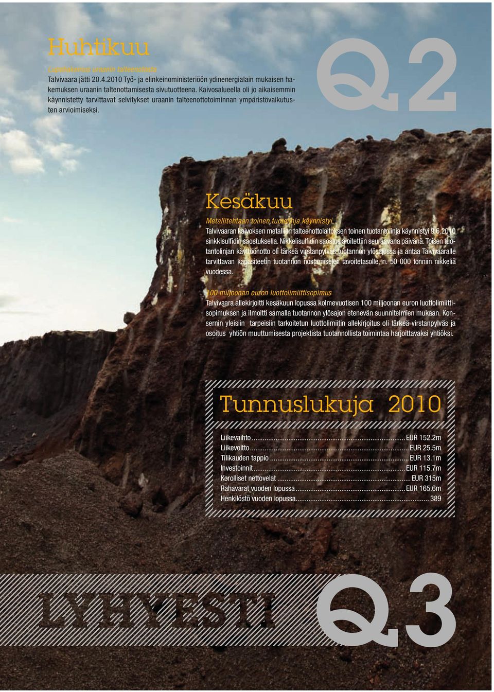 Kesäkuu Metallitehtaan toinen tuotelinja käynnistyi Talvivaaran kaivoksen metallien talteenottolaitoksen toinen tuotantolinja käynnistyi 9.6.2010 sinkkisulfidin saostuksella.