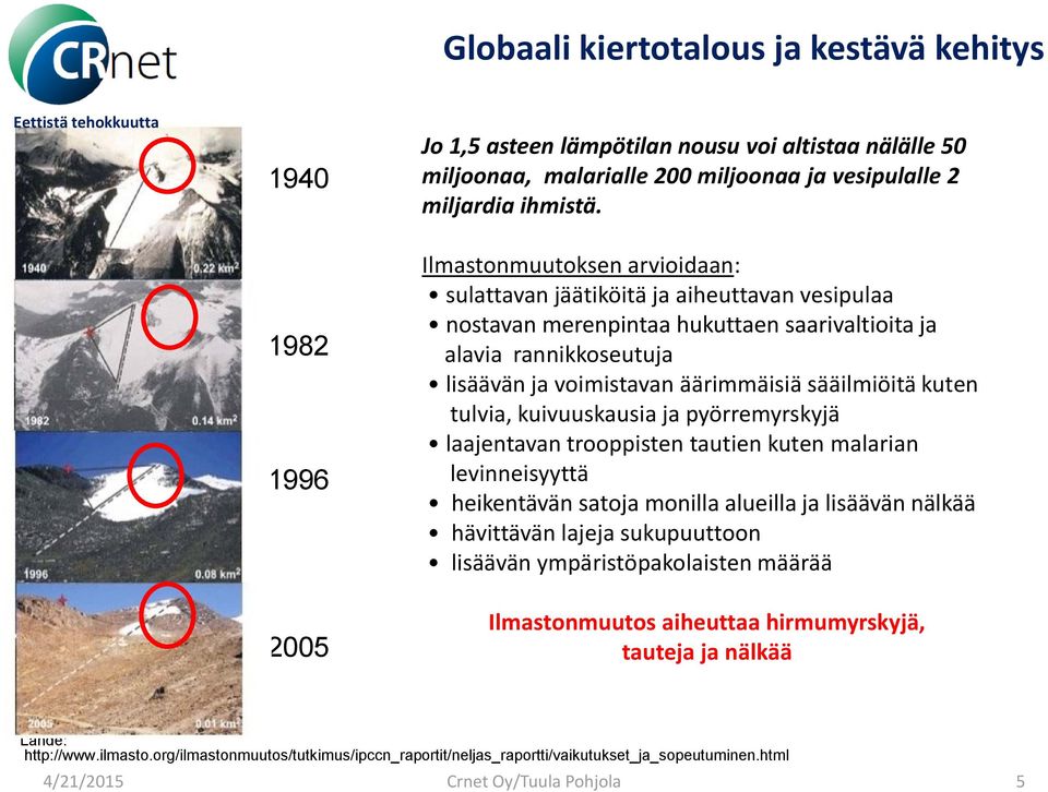 kuten tulvia, kuivuuskausia ja pyörremyrskyjä laajentavan trooppisten tautien kuten malarian levinneisyyttä heikentävän satoja monilla alueilla ja lisäävän nälkää hävittävän lajeja sukupuuttoon
