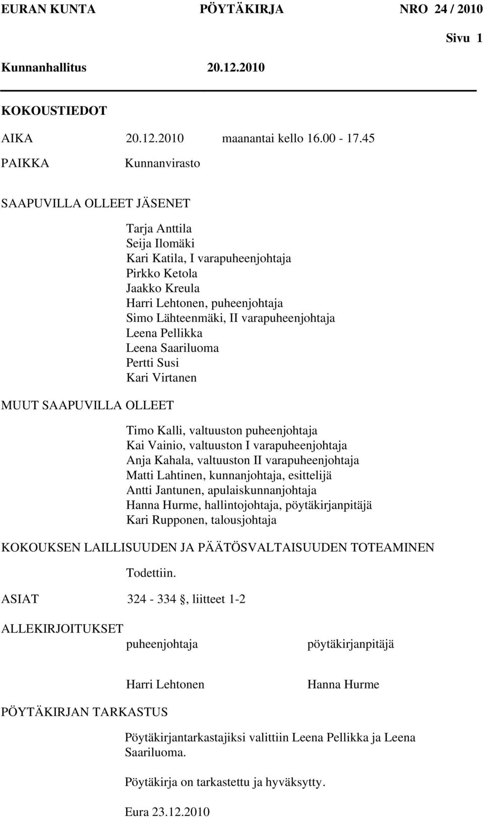 Lähteenmäki, II varapuheenjohtaja Leena Pellikka Leena Saariluoma Pertti Susi Kari Virtanen Timo Kalli, valtuuston puheenjohtaja Kai Vainio, valtuuston I varapuheenjohtaja Anja Kahala, valtuuston II