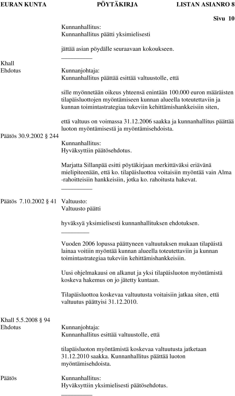 000 euron määräisten tilapäisluottojen myöntämiseen kunnan alueella toteutettaviin ja kunnan toimintastrategiaa tukeviin kehittämishankkeisiin siten, että valtuus on voimassa 31.12.