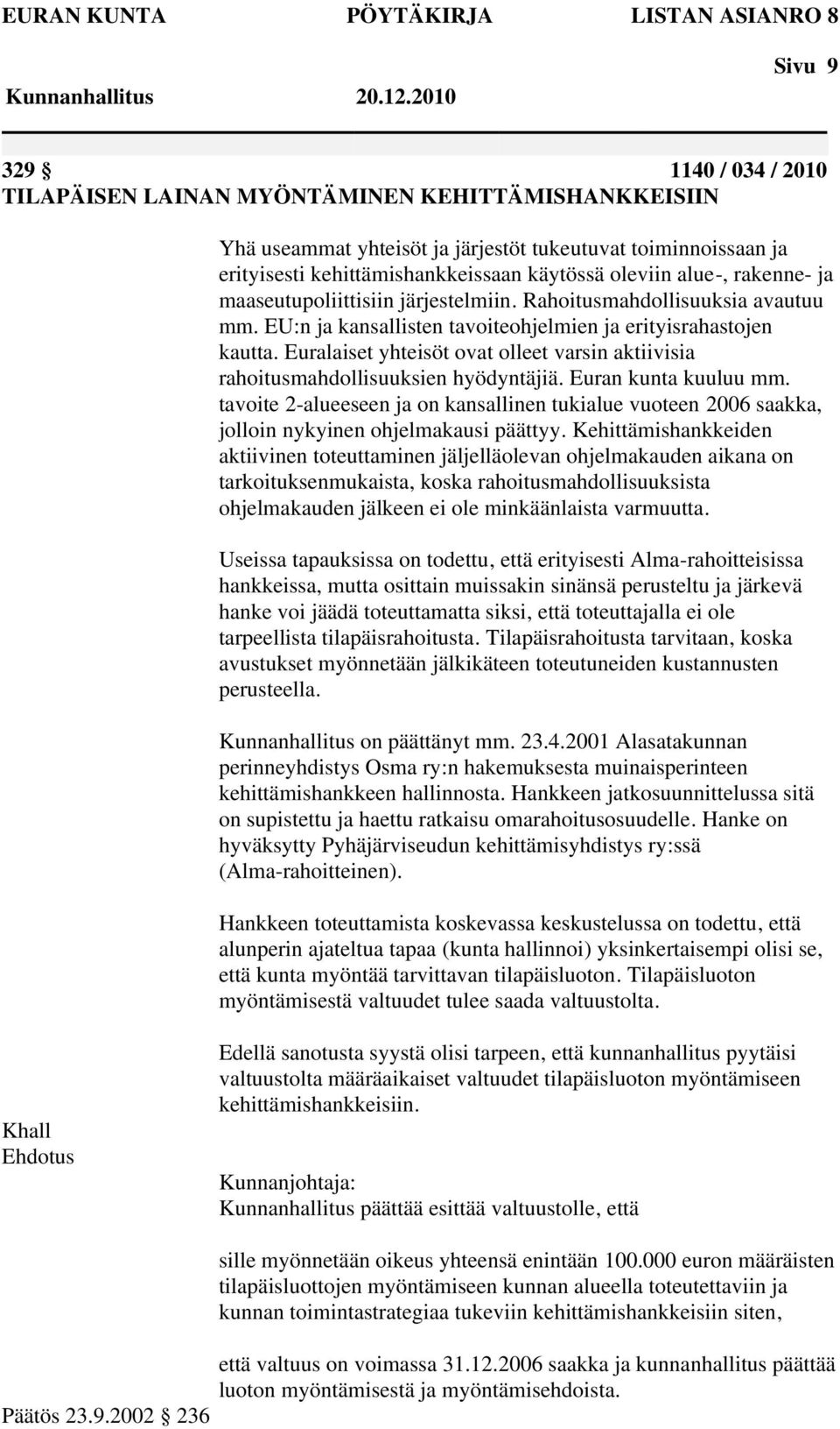 Euralaiset yhteisöt ovat olleet varsin aktiivisia rahoitusmahdollisuuksien hyödyntäjiä. Euran kunta kuuluu mm.