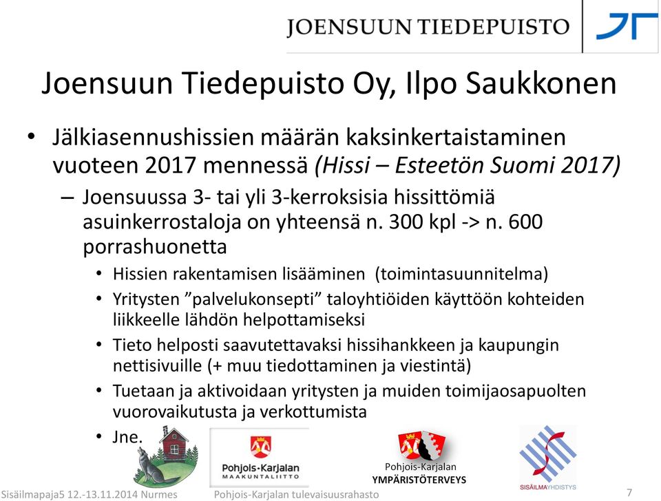 600 porrashuonetta Hissien rakentamisen lisääminen (toimintasuunnitelma) Yritysten palvelukonsepti taloyhtiöiden käyttöön kohteiden