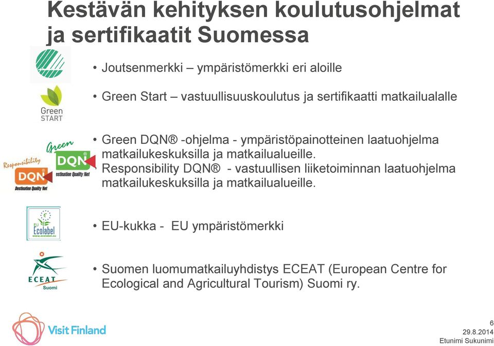 matkailualueille. Responsibility DQN - vastuullisen liiketoiminnan laatuohjelma matkailukeskuksilla ja matkailualueille.