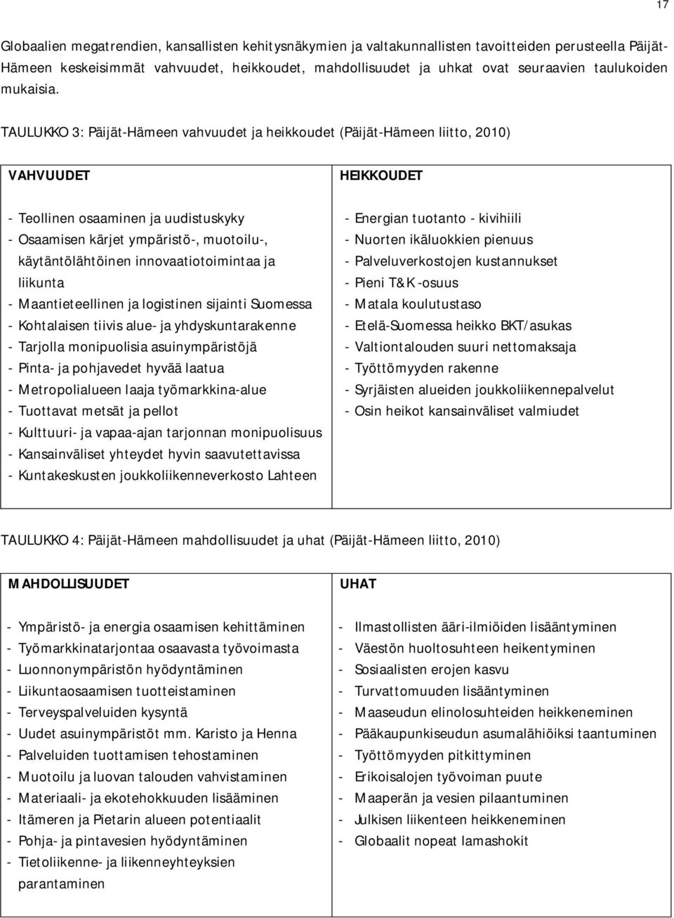 TAULUKKO 3: Päijät-Hämeen vahvuudet ja heikkoudet (Päijät-Hämeen liitto, 2010) VAHVUUDET - Teollinen osaaminen ja uudistuskyky - Osaamisen kärjet ympäristö-, muotoilu-, käytäntölähtöinen