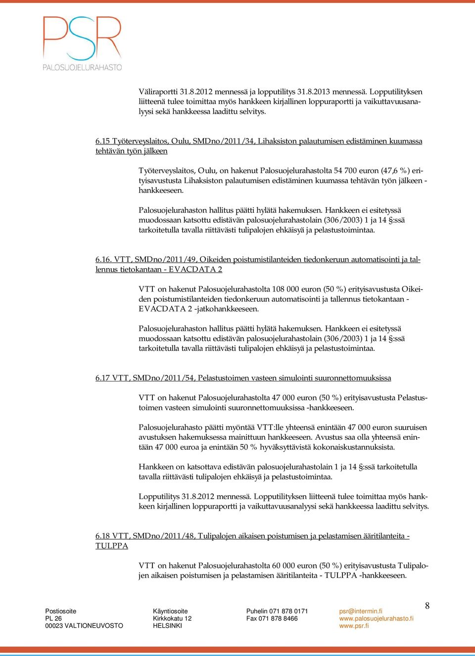 15 Työterveyslaitos, Oulu, SMDno/2011/34, Lihaksiston palautumisen edistäminen kuumassa tehtävän työn jälkeen Työterveyslaitos, Oulu, on hakenut Palosuojelurahastolta 54 700 euron (47,6 %)