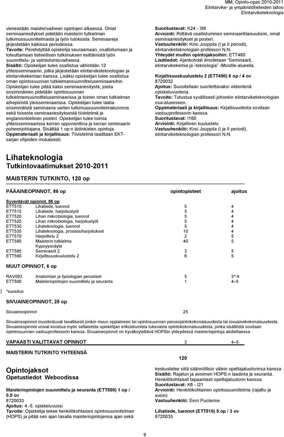 Sisältö: Opiskelijan tulee osallistua vähintään 12 yhteisseminaariin, jotka järjestetään elintarviketeknologian ja elintarvikekemian kanssa.