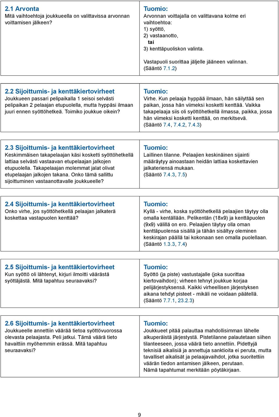 2 Sijoittumis- ja kenttäkiertovirheet Joukkueen passari pelipaikalla 1 seisoi selvästi pelipaikan 2 pelaajan etupuolella, mutta hyppäsi ilmaan juuri ennen syöttöhetkeä. Toimiko joukkue oikein? Virhe.