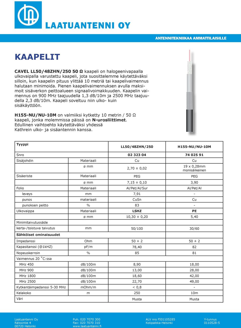 Kaapeli soveltuu niin ulko- kuin sisäkäyttöön. H155-NU/NU-10M on valmiiksi kytketty 10 metrin / 50 Ω kaapeli, jonka molemmissa päissä on N-urosliittimet.