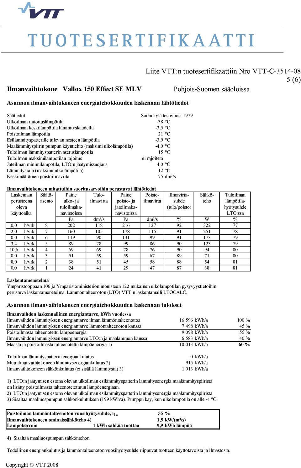 lämpöenergia 9 098 kwh/a 55 % Ilmanvaihdon lämmityksen energiantarve LTO:n ja maalämmön kanssa 6 583 kwh/a 40 % Maasta ja poistoilmasta talteenotettu lämpöenergia 1) 10 013 kwh/a 60 % 915 kwh/a 1 013