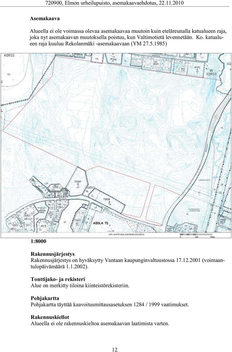 1985) 1:8000 Rakennusjärjestys Rakennusjärjestys on hyväksytty Vantaan kaupunginvaltuustossa 17.12.2001 (voimaantulopäivämäärä 1.1.2002).