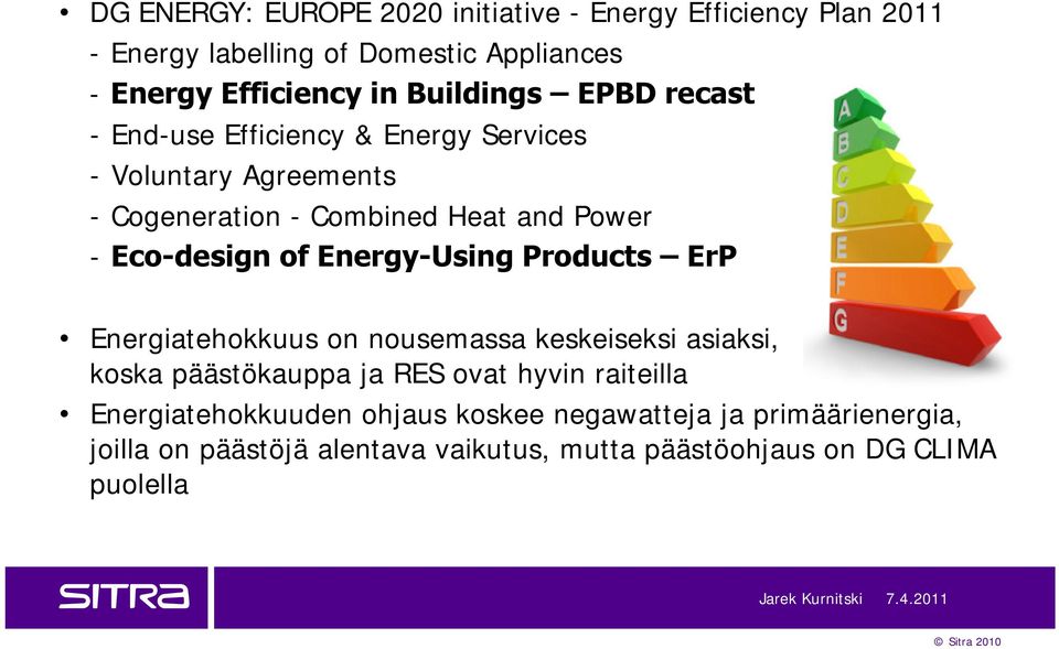 Eco-design of Energy-Using Products ErP Energiatehokkuus on nousemassa keskeiseksi asiaksi, koska päästökauppa ja RES ovat hyvin