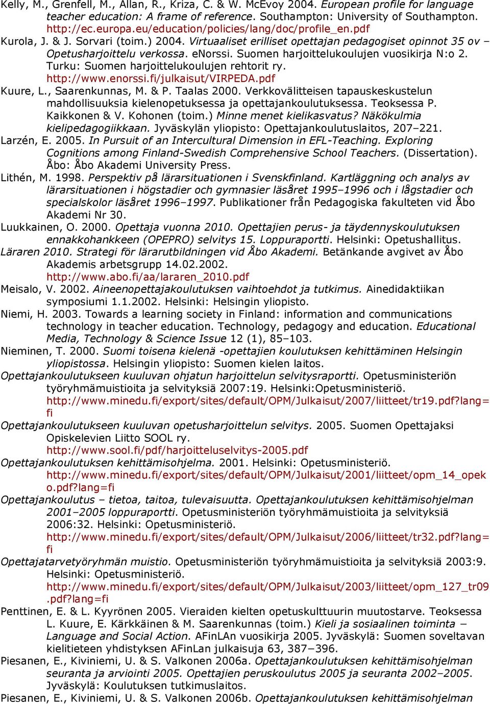 Suomen harjoittelukoulujen vuosikirja N:o 2. Turku: Suomen harjoittelukoulujen rehtorit ry. http://www.enorssi.fi/julkaisut/virpeda.pdf Kuure, L., Saarenkunnas, M. & P. Taalas 2000.