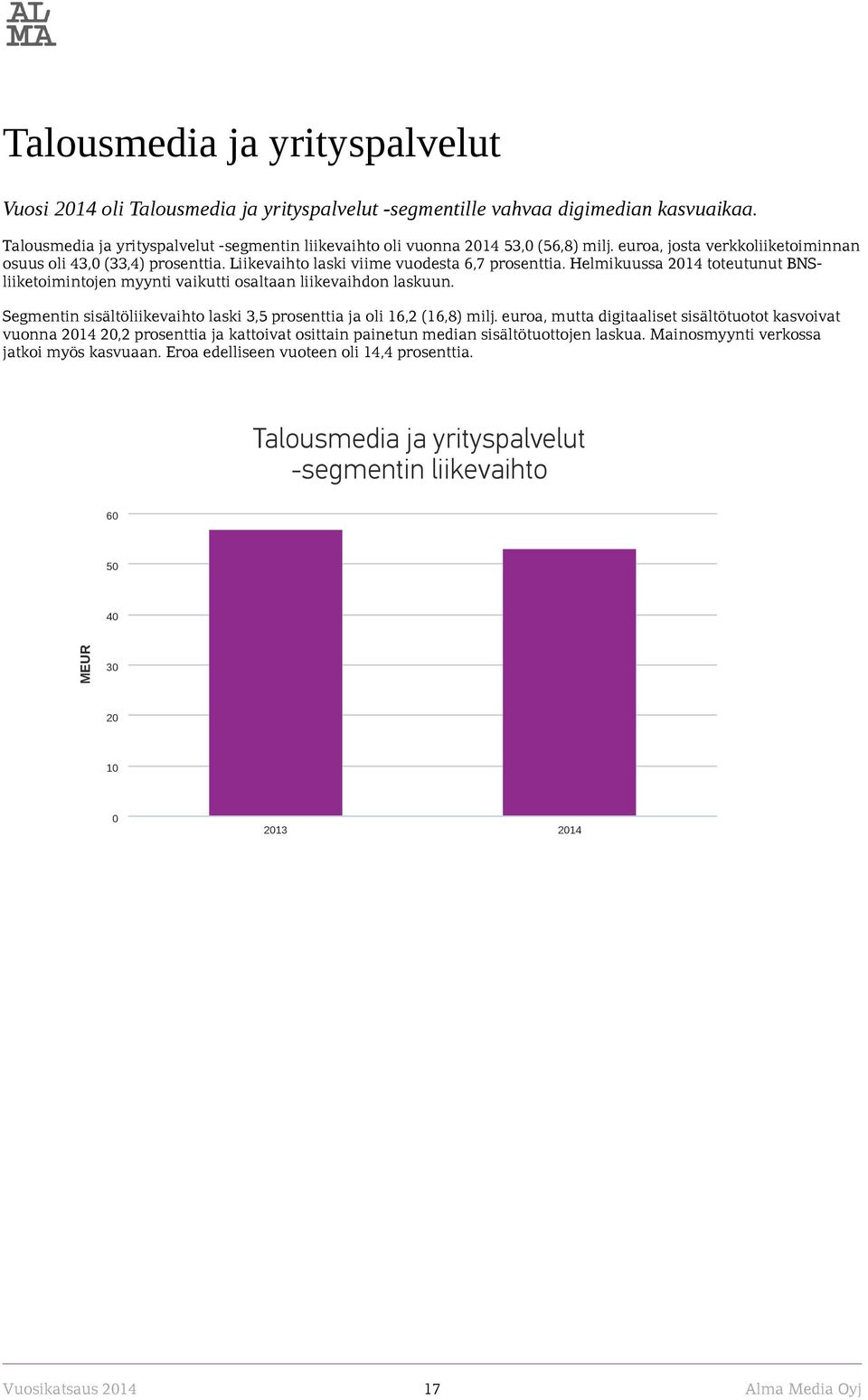 Liikevaihto laski viime vuodesta 6,7 prosenttia. Helmikuussa 2014 toteutunut BNSliiketoimintojen myynti vaikutti osaltaan liikevaihdon laskuun.