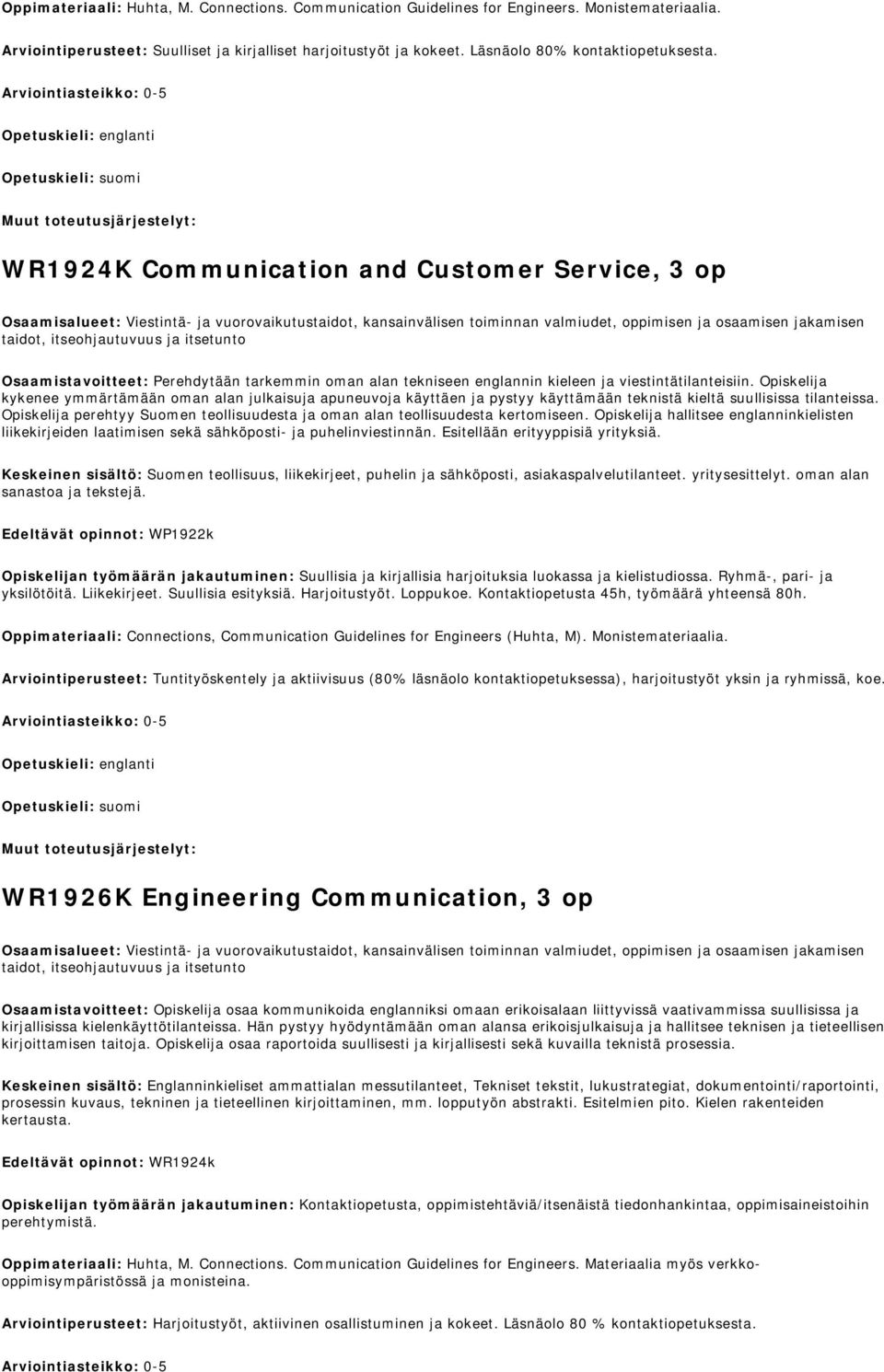 Opetuskieli: englanti WR1924K Communication and Customer Service, 3 op Osaamisalueet: Viestintä- ja vuorovaikutustaidot, kansainvälisen toiminnan valmiudet, oppimisen ja osaamisen jakamisen taidot,